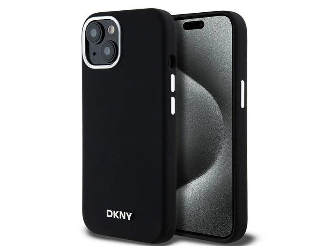 DKNY Liquid Silicone Small Metal Logo MagSafe Case for iPhone 15 Plus / 14 Plus - Black