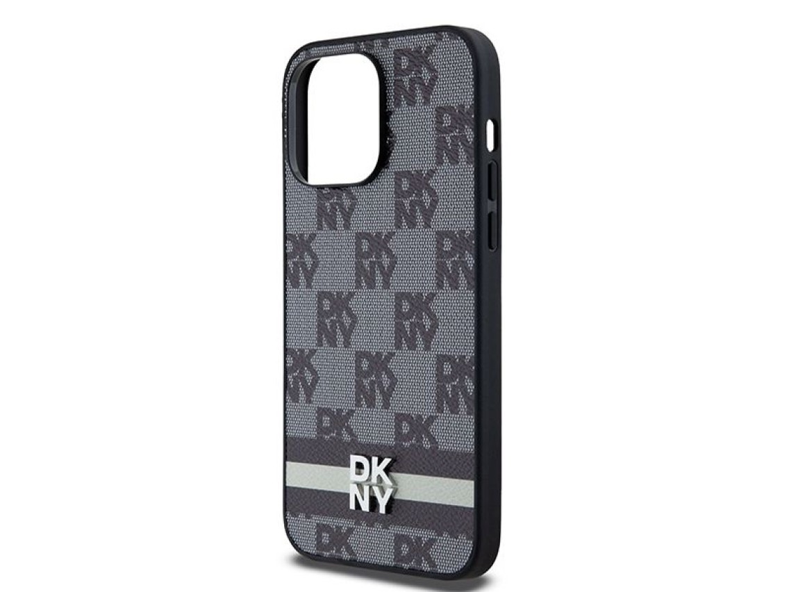 DKNY Leather Checkered Mono Pattern & Printed Stripes Case for iPhone 14 Pro Max - Black