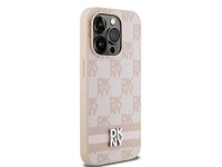 Capa DKNY em couro com estampa xadrez monocromática e listras para iPhone 14 Pro - rosa Capa DKNY em couro com estampa xadrez monocromática e listras para iPhone 14 Pro - rosa