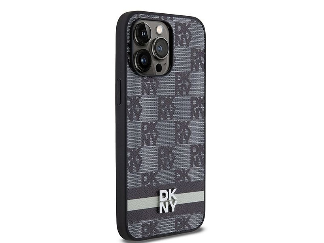 DKNY Leather Checkered Mono Pattern & Printed Stripes Case for iPhone 14 Pro Max - Black