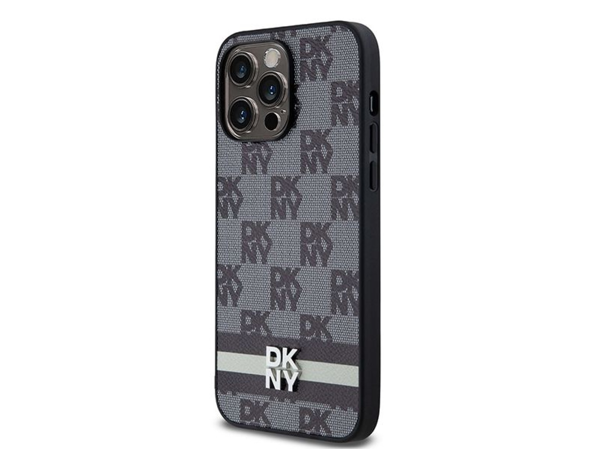 DKNY Leather Checkered Mono Pattern & Printed Stripes Case for iPhone 14 Pro Max - Black