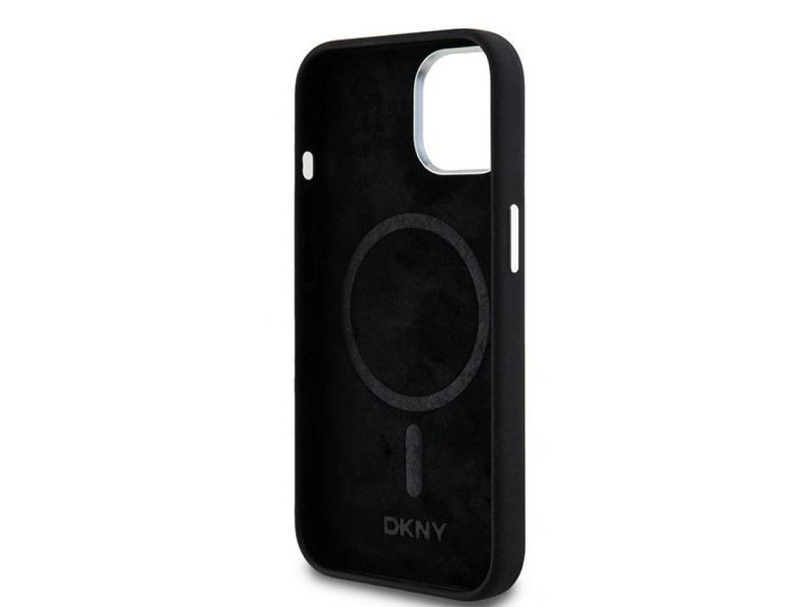 DKNY Liquid Silicone Small Metal Logo MagSafe Case for iPhone 15 Plus / 14 Plus - Black