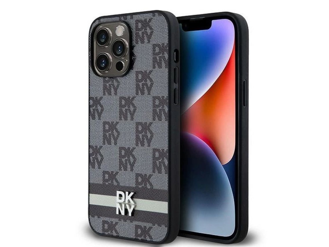 DKNY Leather Checkered Mono Pattern & Printed Stripes Case for iPhone 14 Pro Max - Black