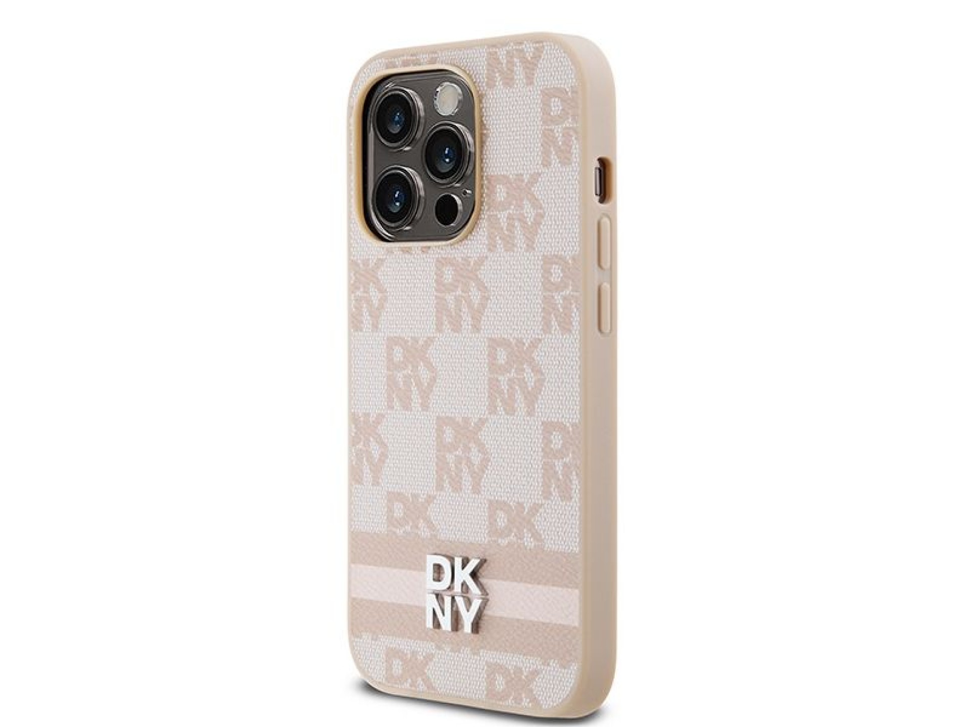 Capa DKNY em couro com estampa xadrez monocromática e listras para iPhone 14 Pro - rosa