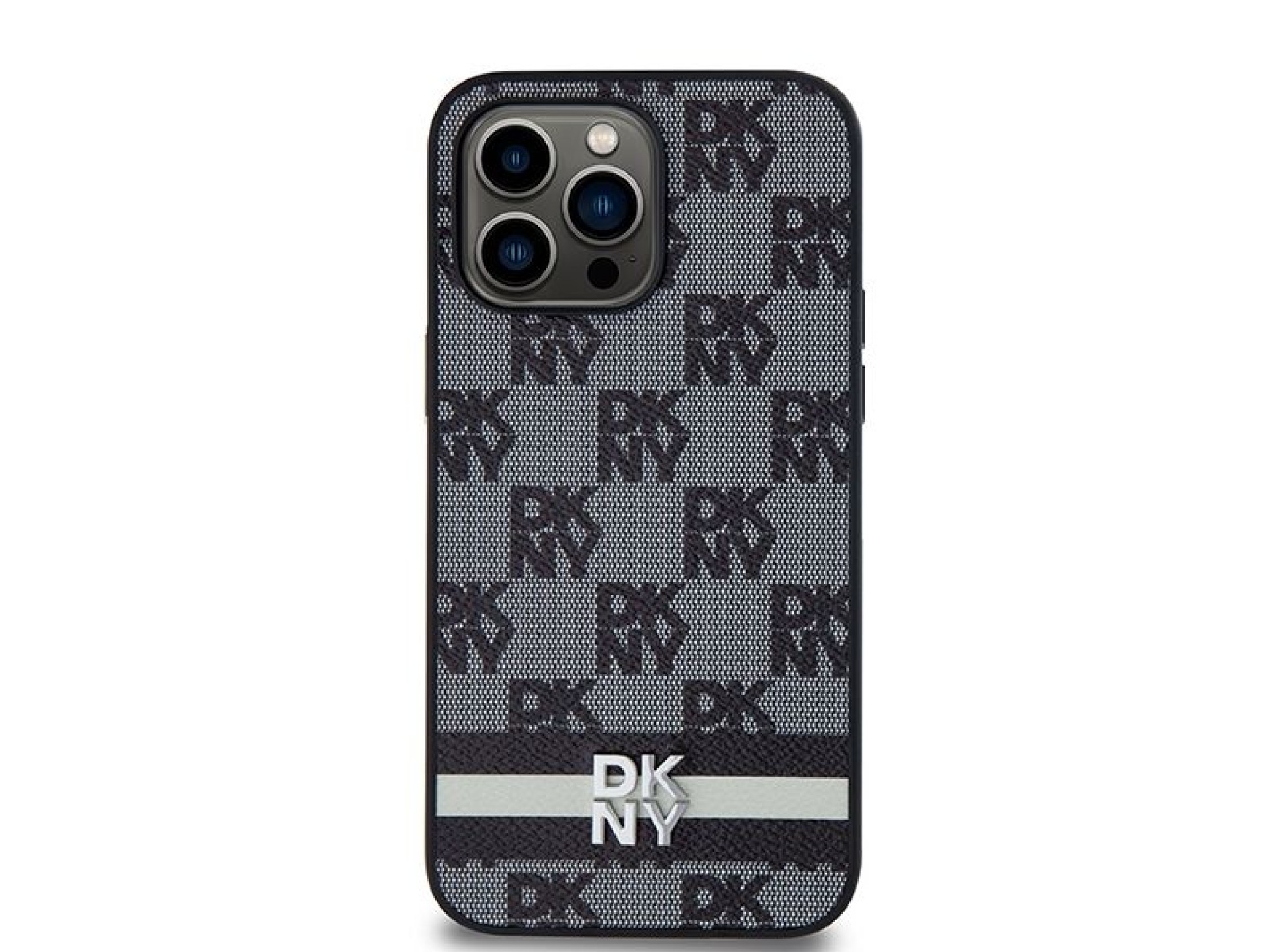 DKNY Leather Checkered Mono Pattern & Printed Stripes Case for iPhone 14 Pro Max - Black