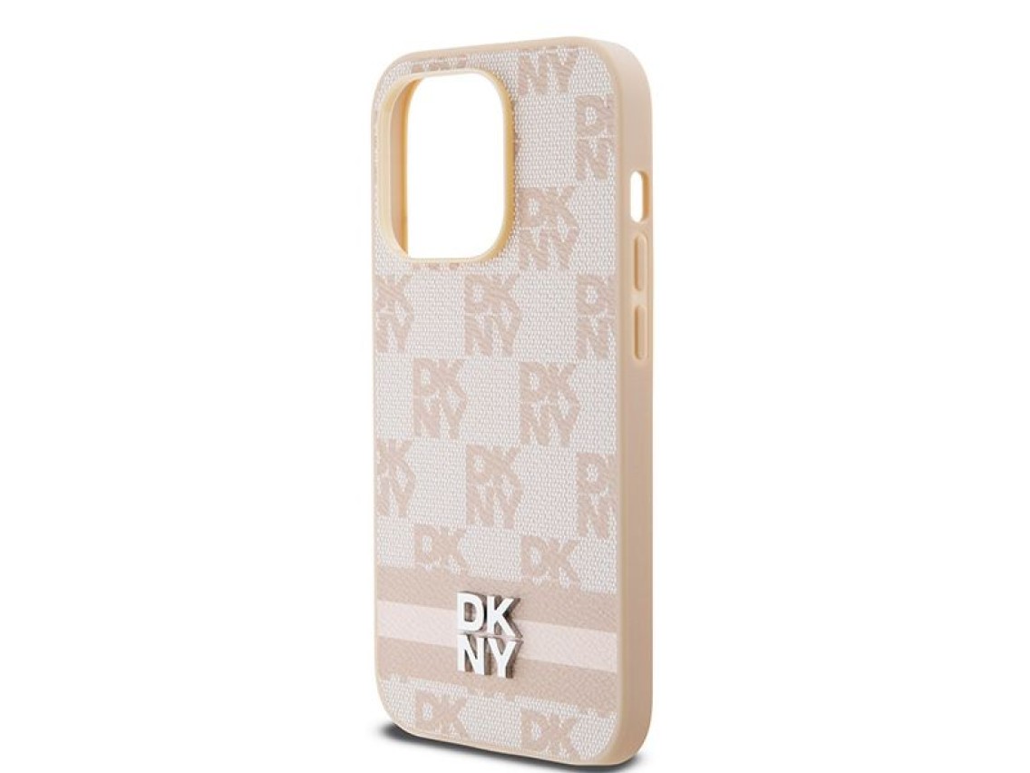 Capa DKNY em couro com estampa xadrez monocromática e listras para iPhone 14 Pro - rosa