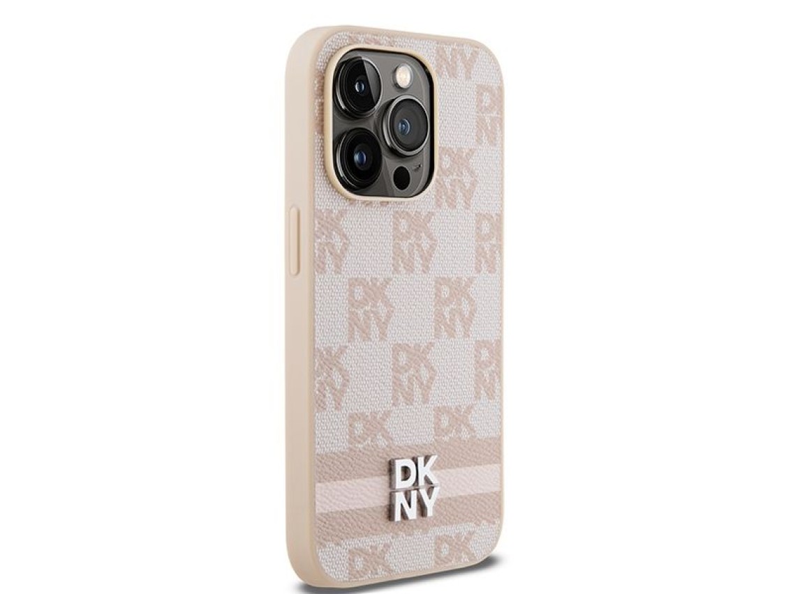 Capa DKNY em couro com estampa xadrez monocromática e listras para iPhone 14 Pro - rosa