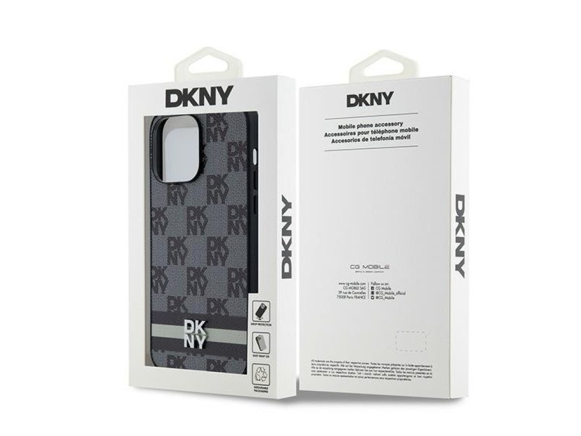 DKNY Leather Checkered Mono Pattern & Printed Stripes Case for iPhone 14 Pro Max - Black