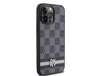 DKNY Leather Checkered Mono Pattern & Printed Stripes Case for iPhone 14 Pro Max - Black