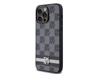 DKNY Leather Checkered Mono Pattern & Printed Stripes Case for iPhone 14 Pro Max - Black