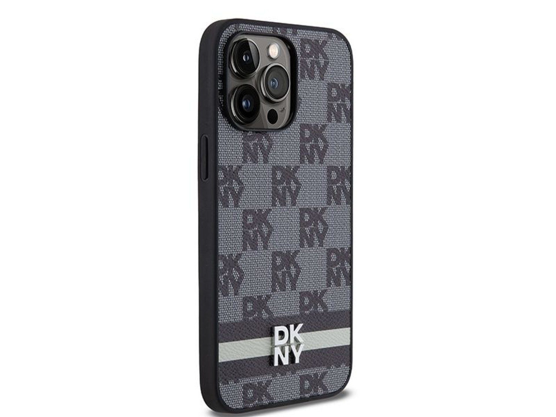 DKNY Leather Checkered Mono Pattern & Printed Stripes Case for iPhone 14 Pro Max - Black