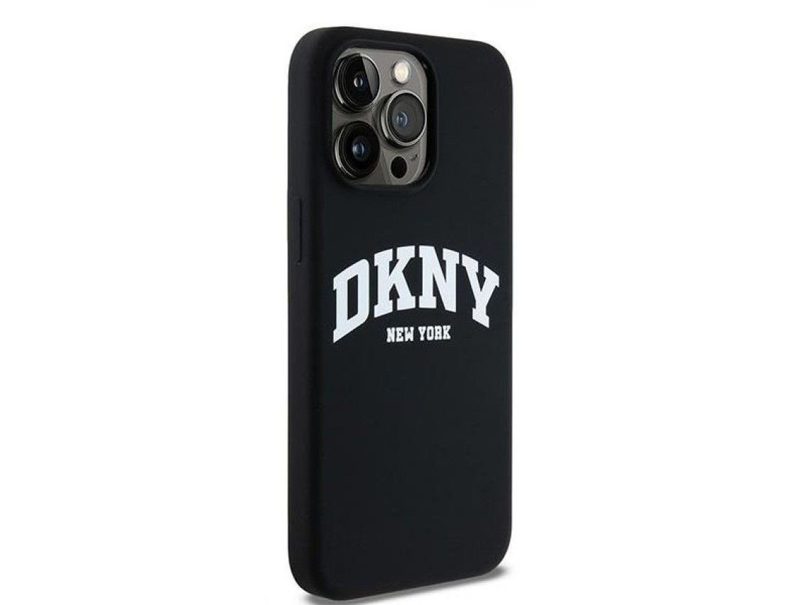 Funda DKNY de silicona l�quida blanca con logo impreso MagSafe para iPhone 14 Pro Max - Negra