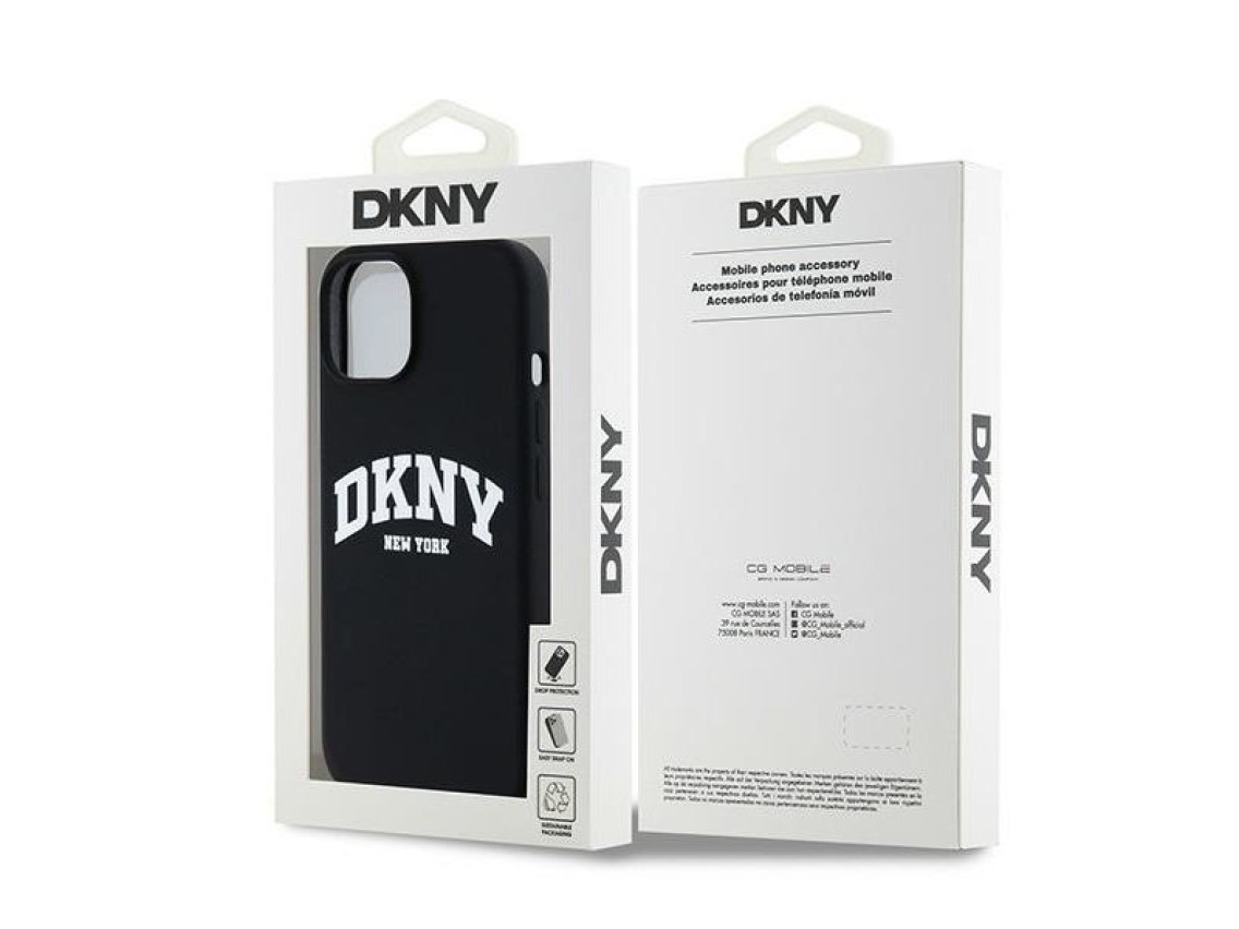 DKNY Liquid Silicone White Printed Logo MagSafe Case for iPhone 15 Plus / 14 Plus - Black