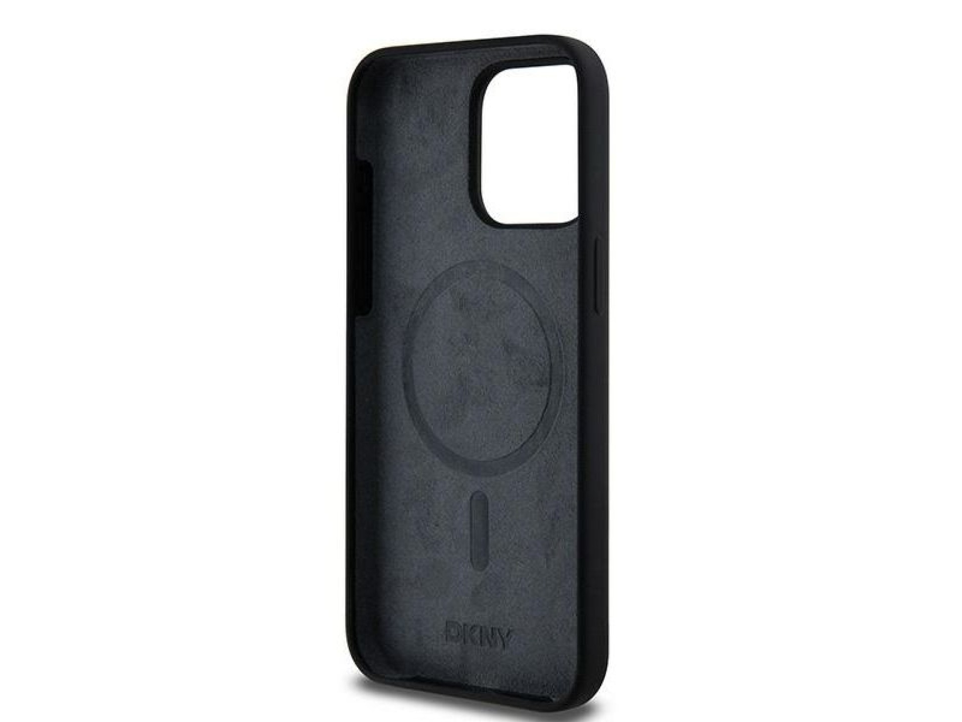 Funda DKNY de silicona líquida blanca con logo impreso MagSafe para iPhone 14 Pro Max - Negra