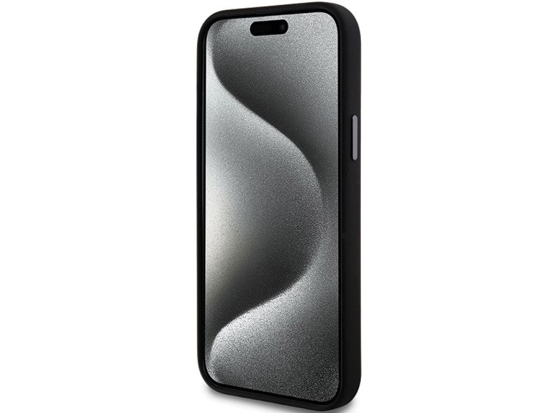 Funda DKNY de silicona líquida con logo metálico para iPhone 15 Plus / 14 Plus - negra