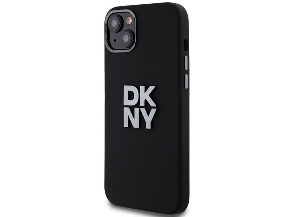 Funda DKNY de silicona líquida con logo metálico para iPhone 15 Plus / 14 Plus - negra