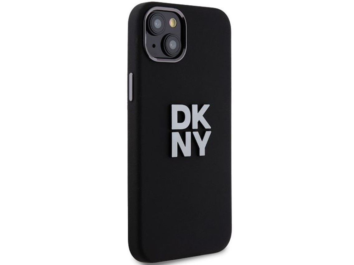 Funda DKNY de silicona líquida con logo metálico para iPhone 15 Plus / 14 Plus - negra