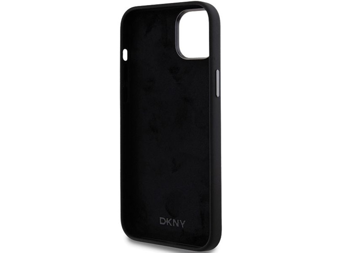 Funda DKNY de silicona líquida con logo metálico para iPhone 15 Plus / 14 Plus - negra