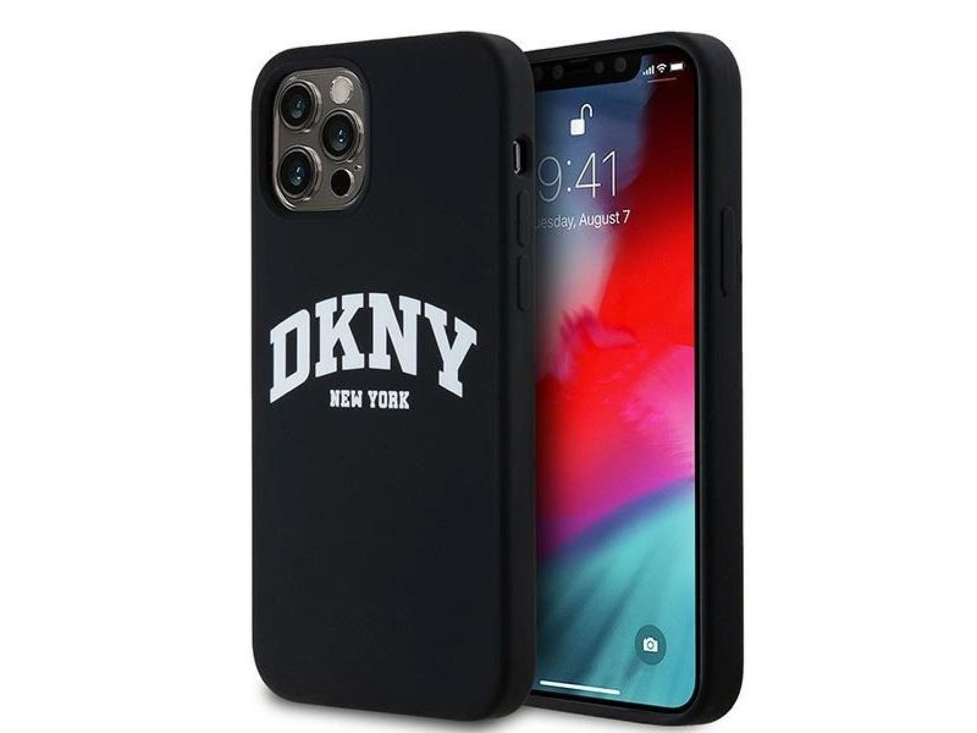 Funda DKNY de silicona líquida blanca con logo impreso MagSafe para iPhone 12/12 Pro - Negra