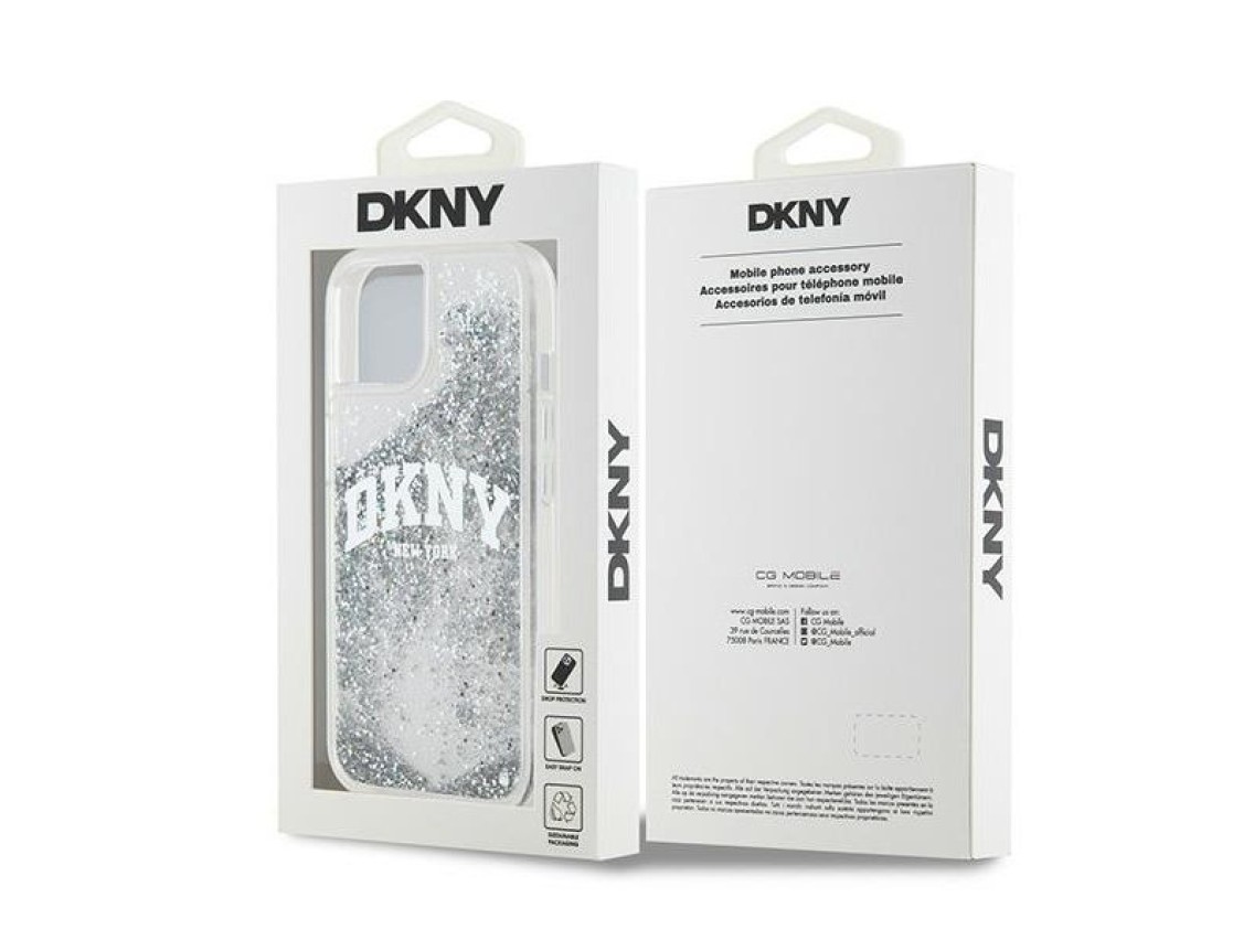 Funda DKNY Liquid Glitter con logo grande para iPhone 15 / 14 / 13 - blanca