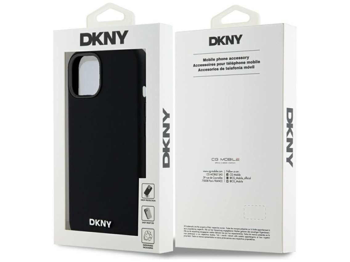 DKNY Liquid Silicone Small Metal Logo MagSafe Case for iPhone 14/15/13 - Black
