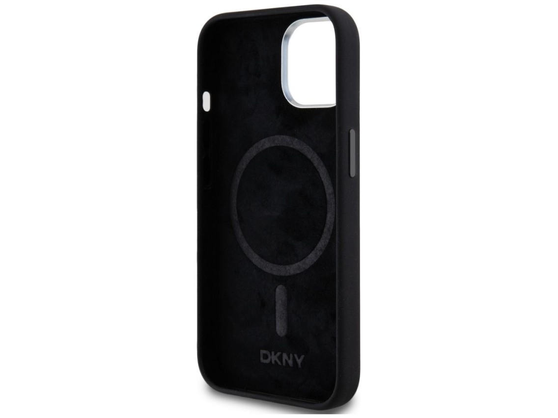 DKNY Liquid Silicone Small Metal Logo MagSafe Case for iPhone 14/15/13 - Black