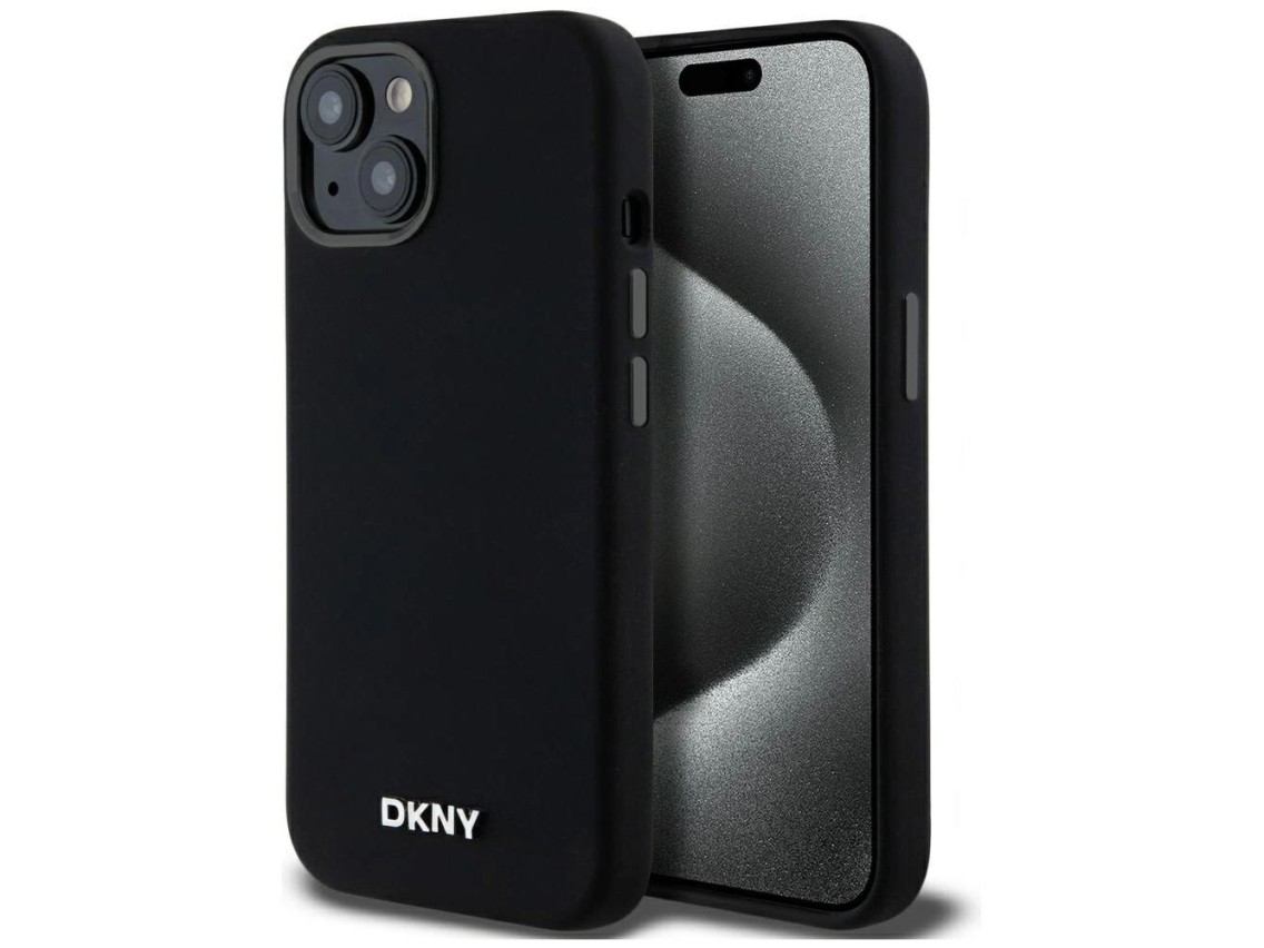 DKNY Liquid Silicone Small Metal Logo MagSafe Case for iPhone 14/15/13 - Black