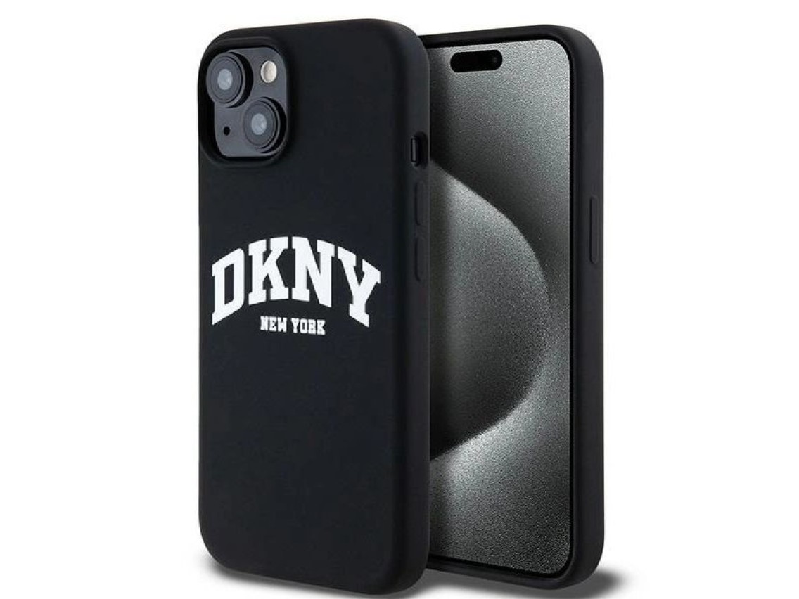 DKNY Liquid Silicone White Printed Logo MagSafe Case for iPhone 14 / 15 / 13 - Black