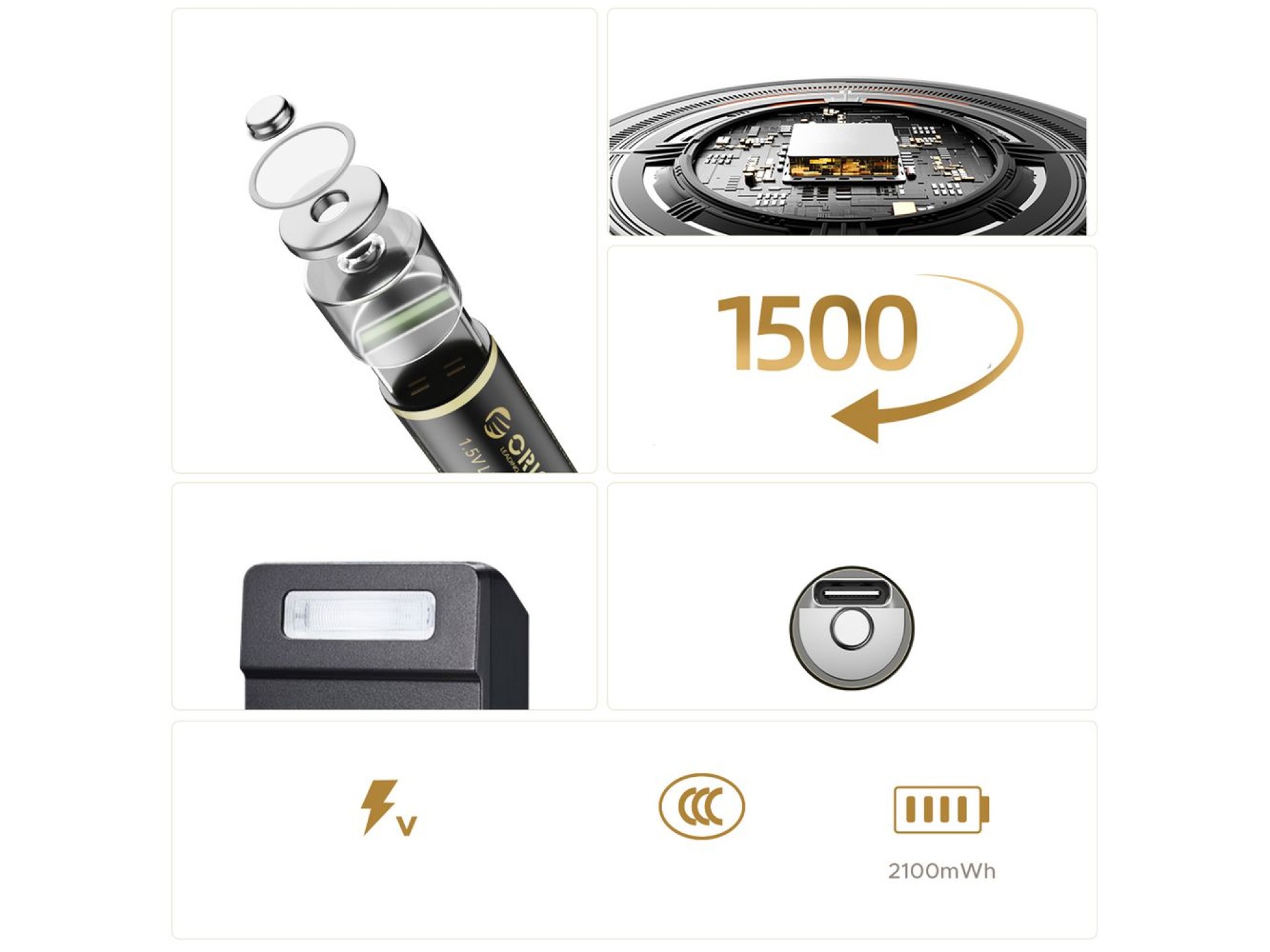 Bateria de lítio Orico Ener-G EG5C 1,5V 2100mWh AA recarregável via USB-C, pacote com 4 unidades.