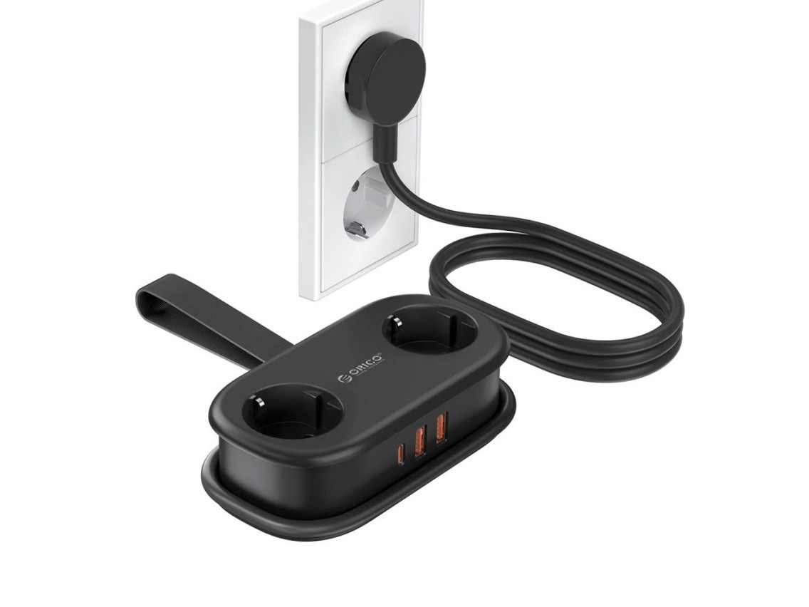 R�gua de energia Orico APP 15,5 W 5 em 1: 2 tomadas CA + 2 portas USB-A + 1 porta USB-C - Preta