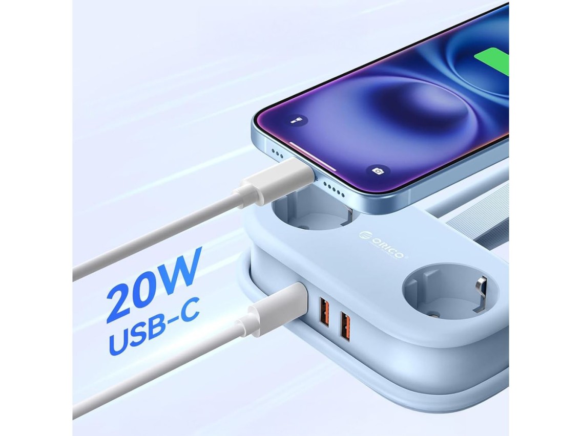 Regleta de alimentación Orico AP3 de 20 W GaN 5 en 1: 2 puertos CA + 2 puertos USB-A + 1 puerto USB-