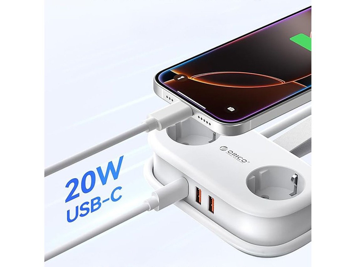 Orico APP 15.5W 5in1 Power Strip 2x AC + 2x USB-A + 1x USB-C - White