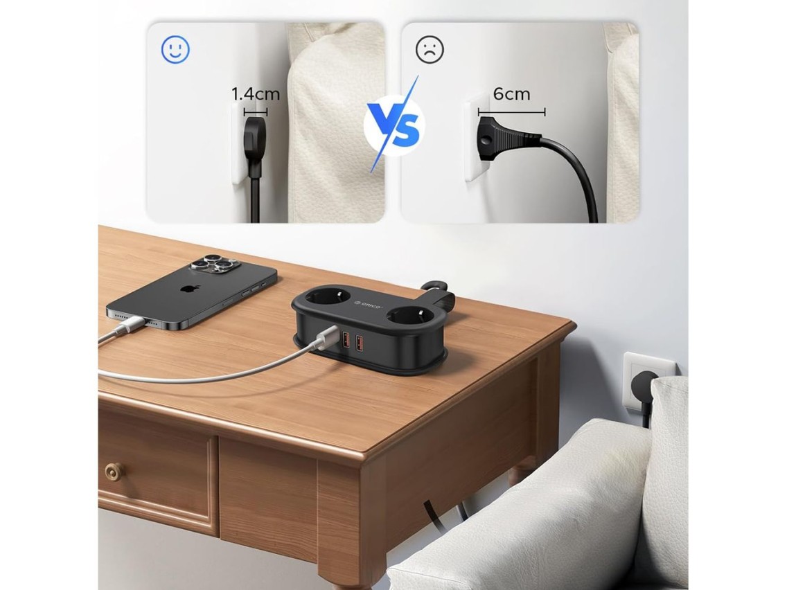 R�gua de energia Orico APP 15,5 W 5 em 1: 2 tomadas CA + 2 portas USB-A + 1 porta USB-C - Preta
