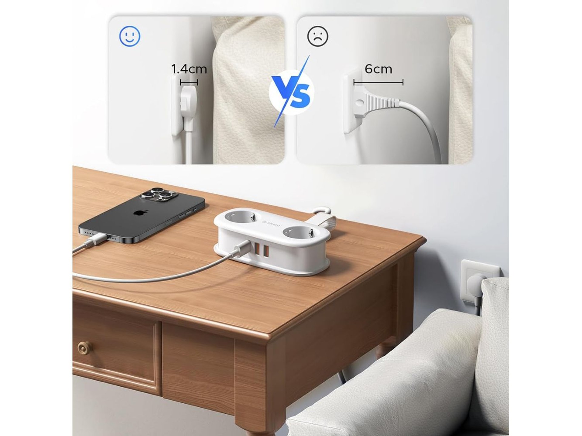 Orico APP 15.5W 5in1 Power Strip 2x AC + 2x USB-A + 1x USB-C - White
