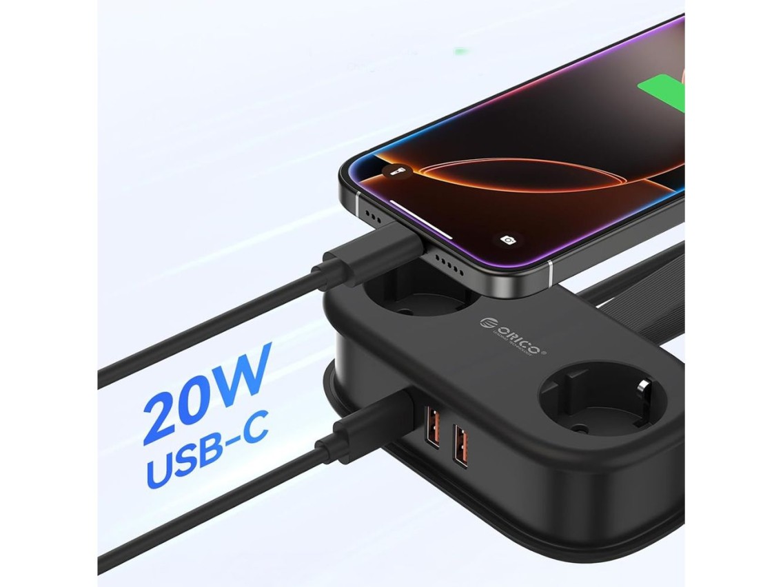 R�gua de energia Orico APP 15,5 W 5 em 1: 2 tomadas CA + 2 portas USB-A + 1 porta USB-C - Preta