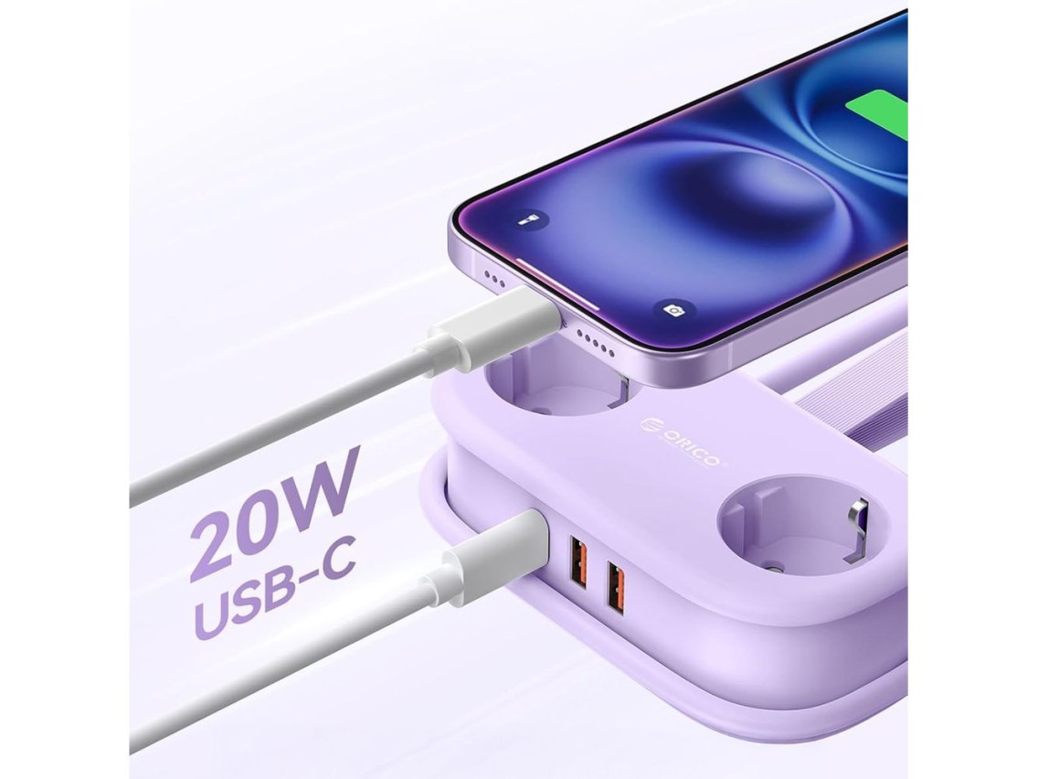 Orico AP3 20W GaN 5in1 Power Strip 2x AC + 2x USB-A + 1x USB-C - Purple