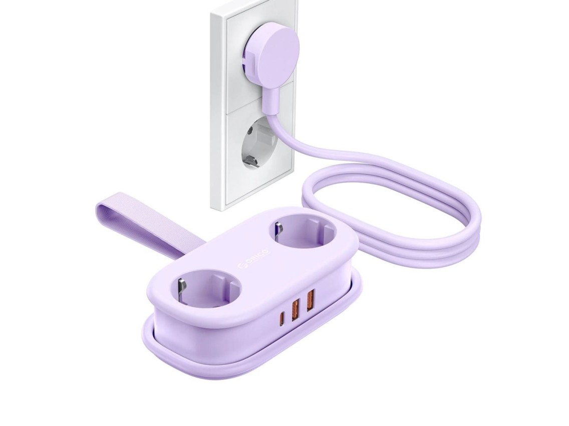 Régua de energia Orico AP3 20W GaN 5 em 1: 2 tomadas CA + 2 portas USB-A + 1 porta USB-C - Roxa