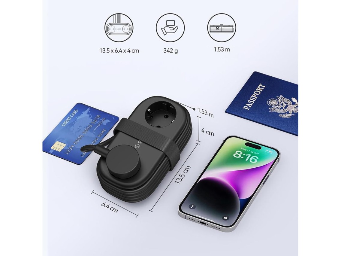R�gua de energia Orico APP 15,5 W 5 em 1: 2 tomadas CA + 2 portas USB-A + 1 porta USB-C - Preta