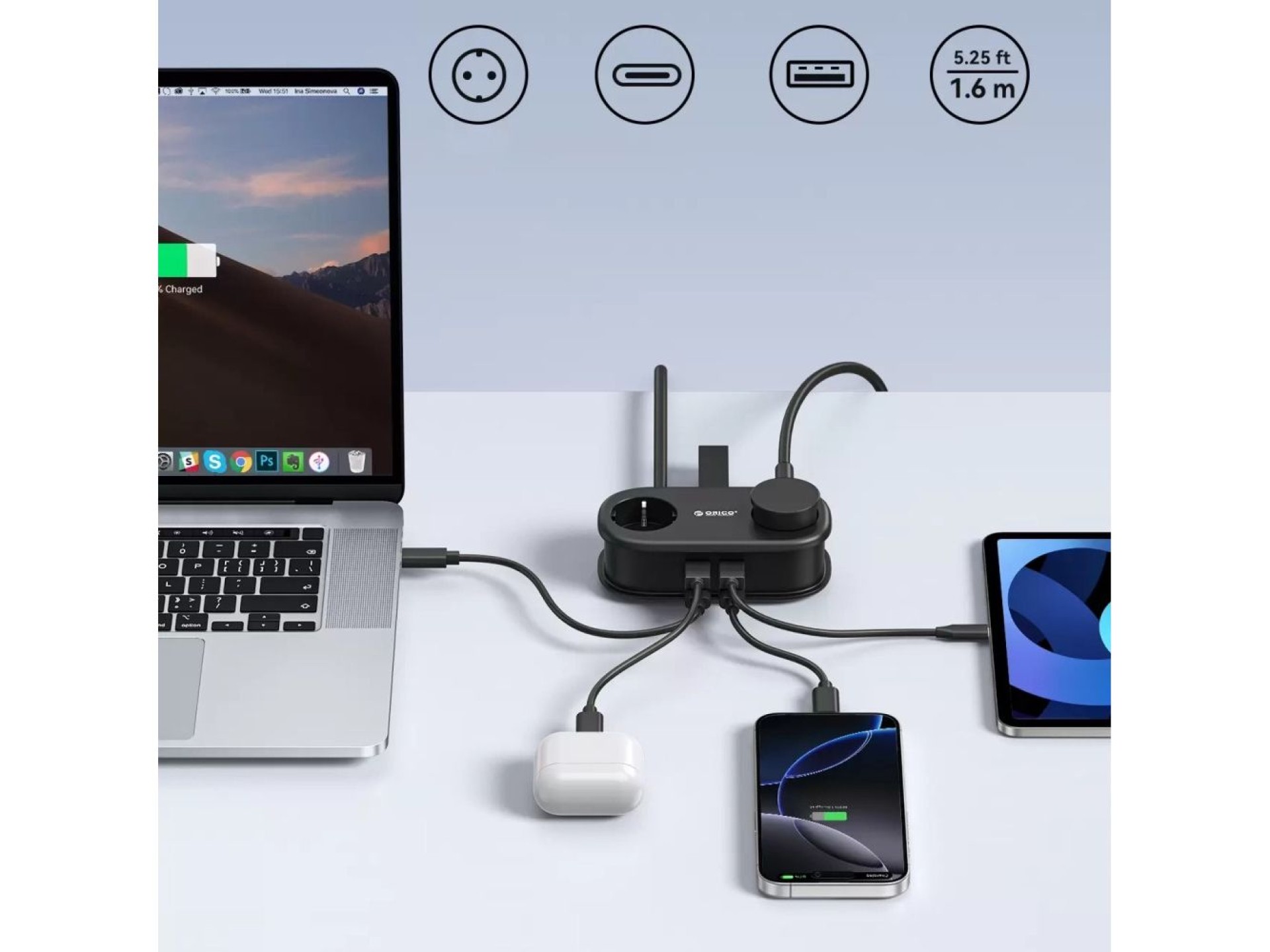 Orico AP3 20W GaN 5in1 Power Strip 2x AC + 2x USB-A + 1x USB-C - Black