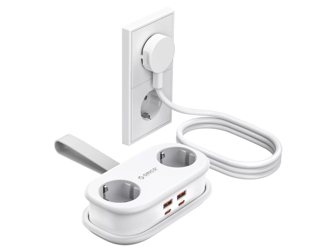 Régua de energia Orico AP3 20W GaN 5 em 1: 2 tomadas CA + 2 portas USB-A + 1 porta USB-C - Branca