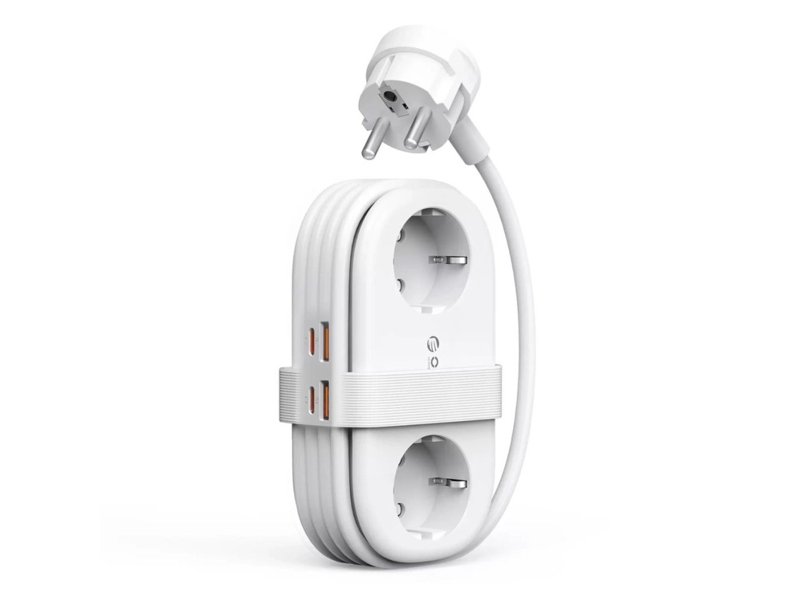 Régua de energia Orico AP3 20W GaN 5 em 1: 2 tomadas CA + 2 portas USB-A + 1 porta USB-C - Branca