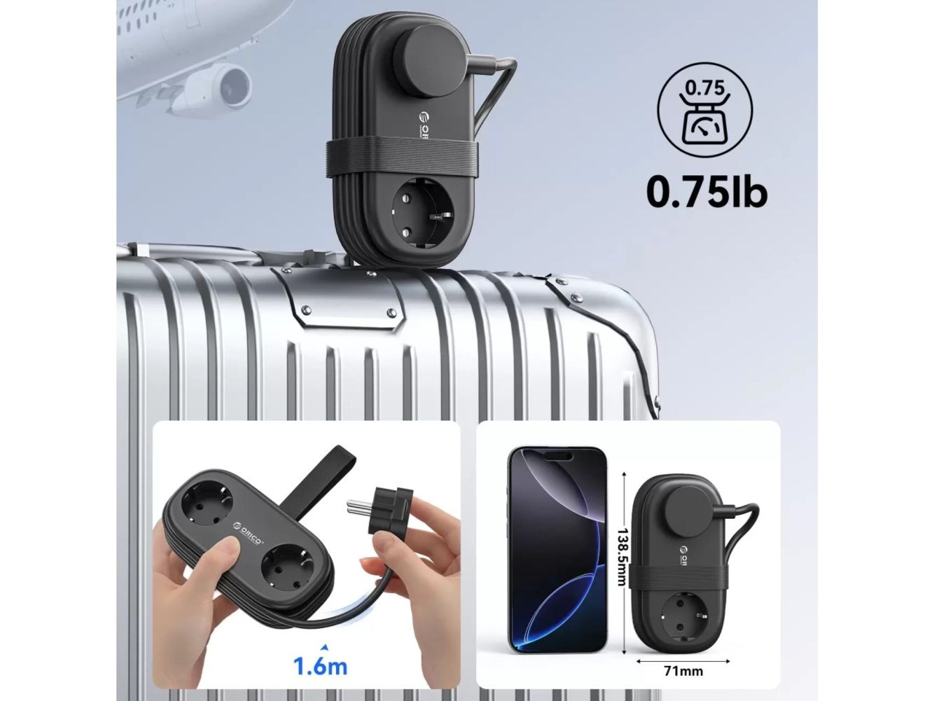 Orico AP3 20W GaN 5in1 Power Strip 2x AC + 2x USB-A + 1x USB-C - Black