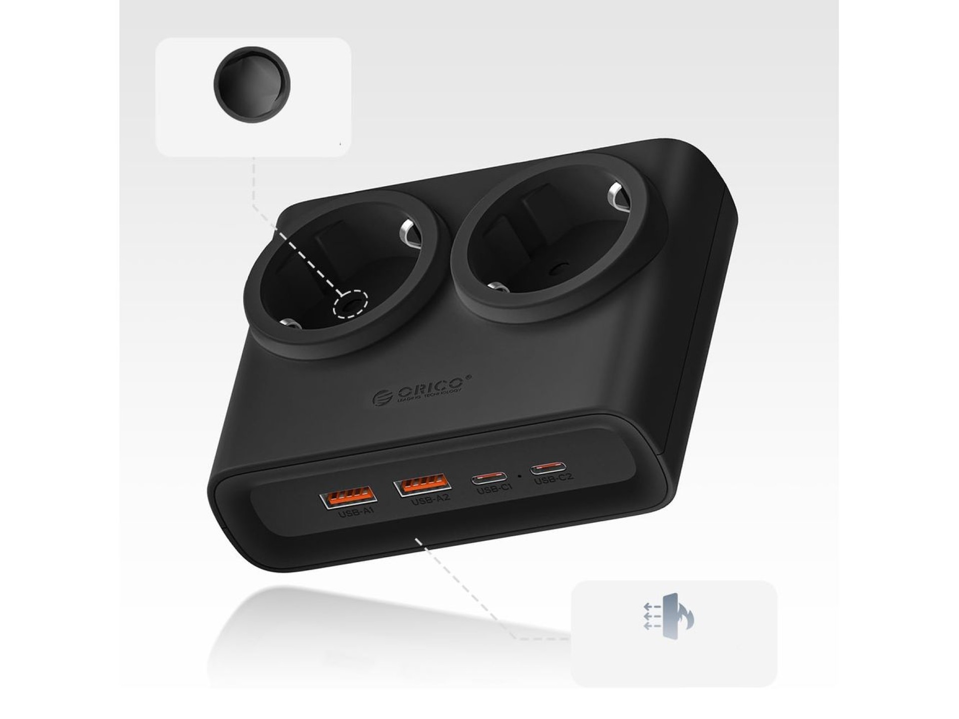 Orico PDC25 25W 6in1 Power Strip 2x AC + 2x USB-A + 2x USB-C - Black