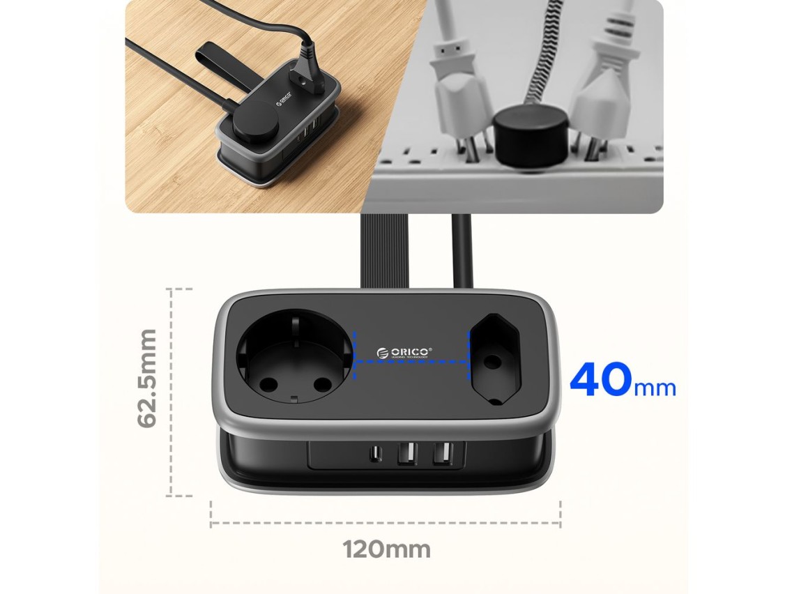 Orico AP3 65W GaN 6in1 Power Strip 2x AC + 2x USB-A + 2x USB-C - Black