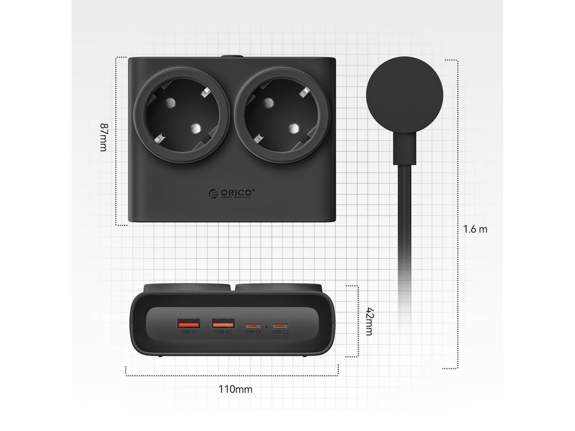 Orico PDC25 25W 6in1 Power Strip 2x AC + 2x USB-A + 2x USB-C - Black