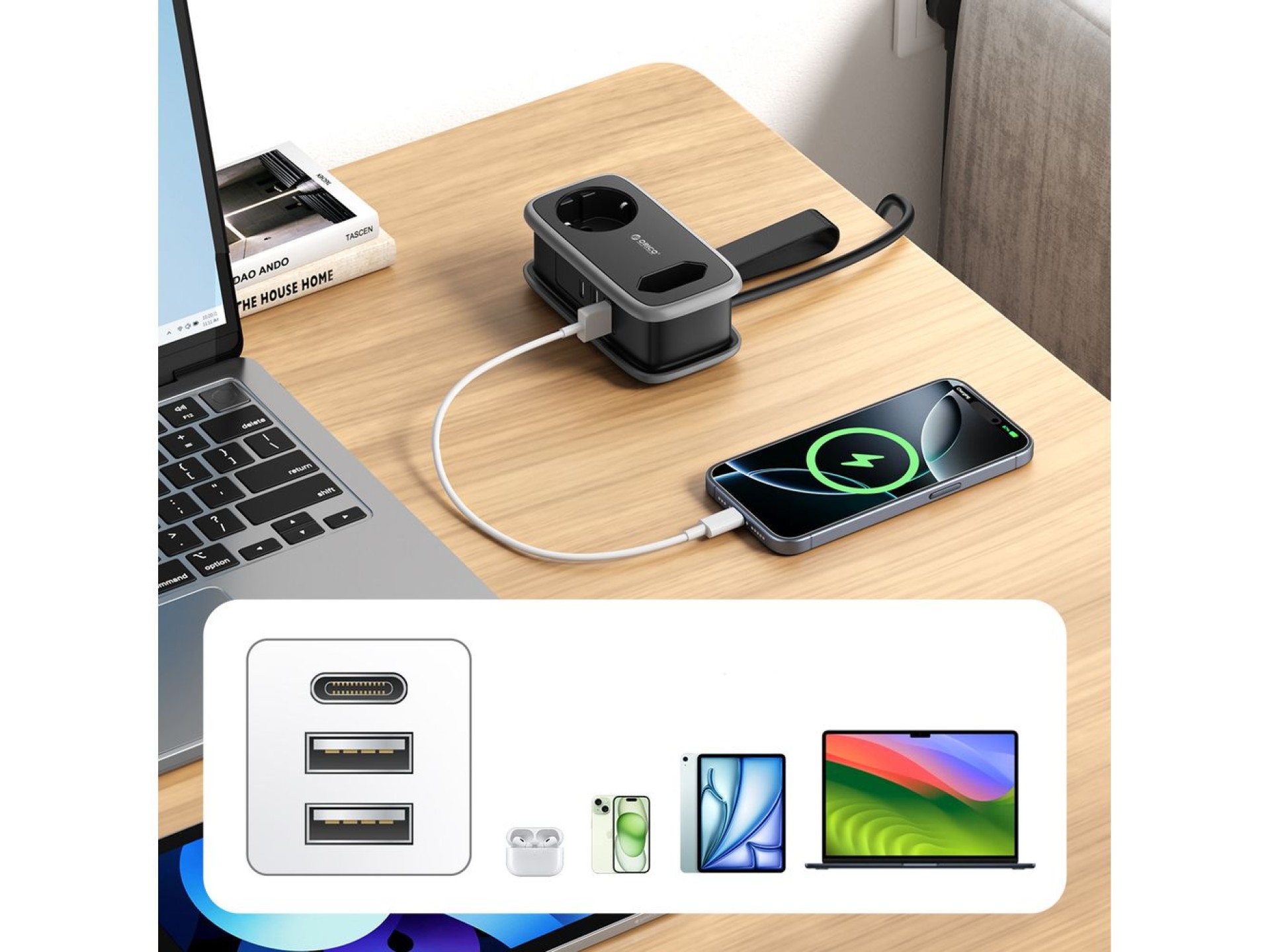 Orico AP3 65W GaN 6in1 Power Strip 2x AC + 2x USB-A + 2x USB-C - Black
