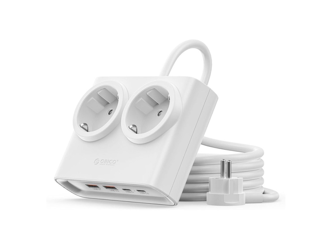 Régua de tomadas Orico PDC25 25W 6 em 1: 2x AC + 2x USB-A + 2x USB-C - Branca