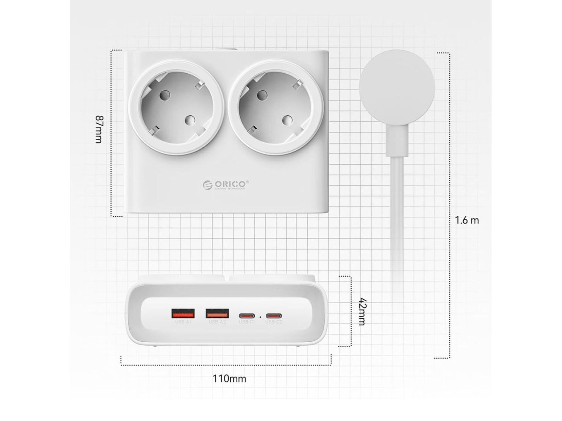Régua de tomadas Orico PDC25 25W 6 em 1: 2x AC + 2x USB-A + 2x USB-C - Branca