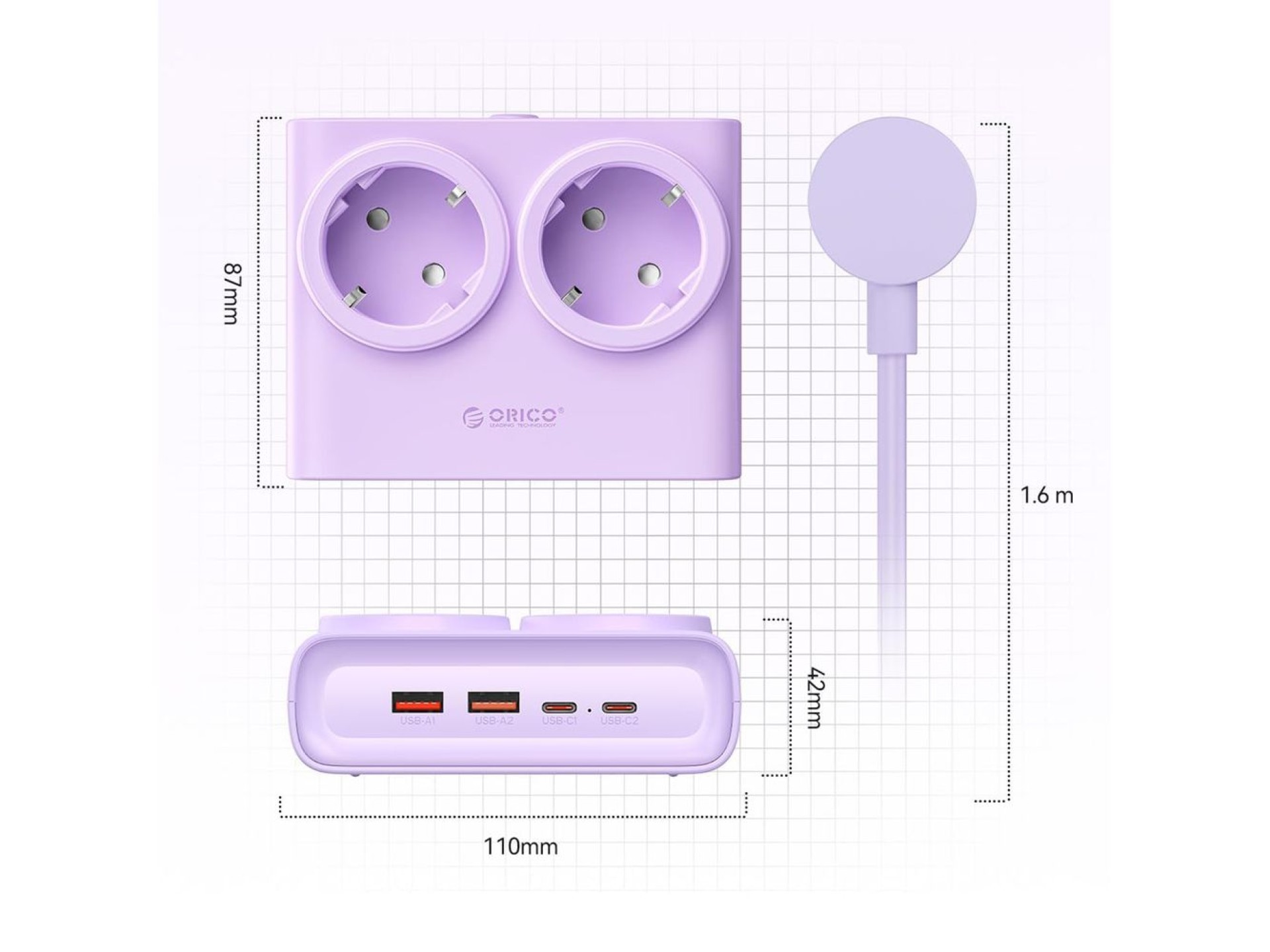 Orico PDC25 25W 6in1 Power Strip 2x AC + 2x USB-A + 2x USB-C - Purple
