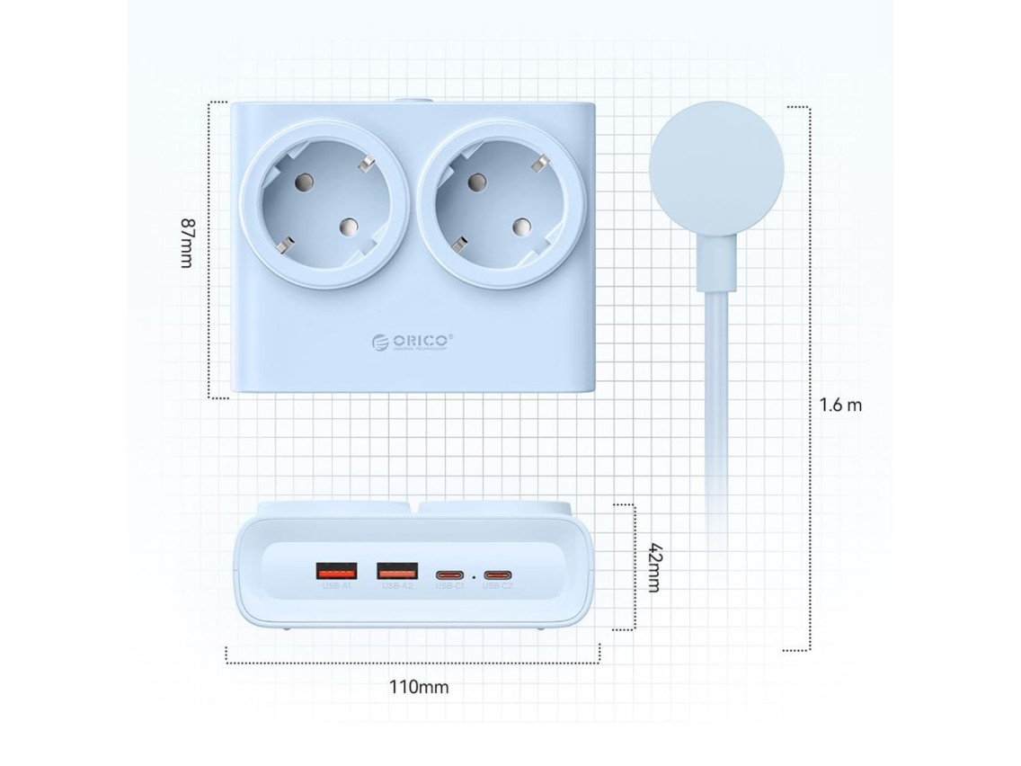 Orico PDC25 25W 6in1 Power Strip 2x AC + 2x USB-A + 2x USB-C - Blue